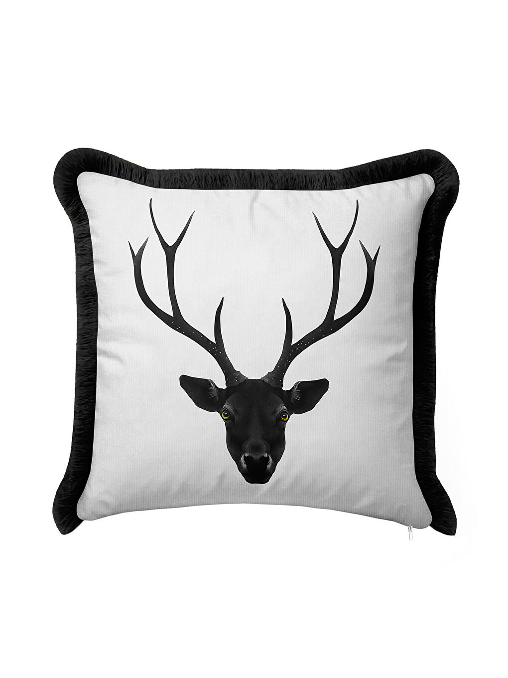 Karışık Siyah Geyik Başı Saçaklı Yastık Kılıfı - Avangart Doğa Modern Siyah Beyaz Püsküllü Kırlent Kılıfı-4