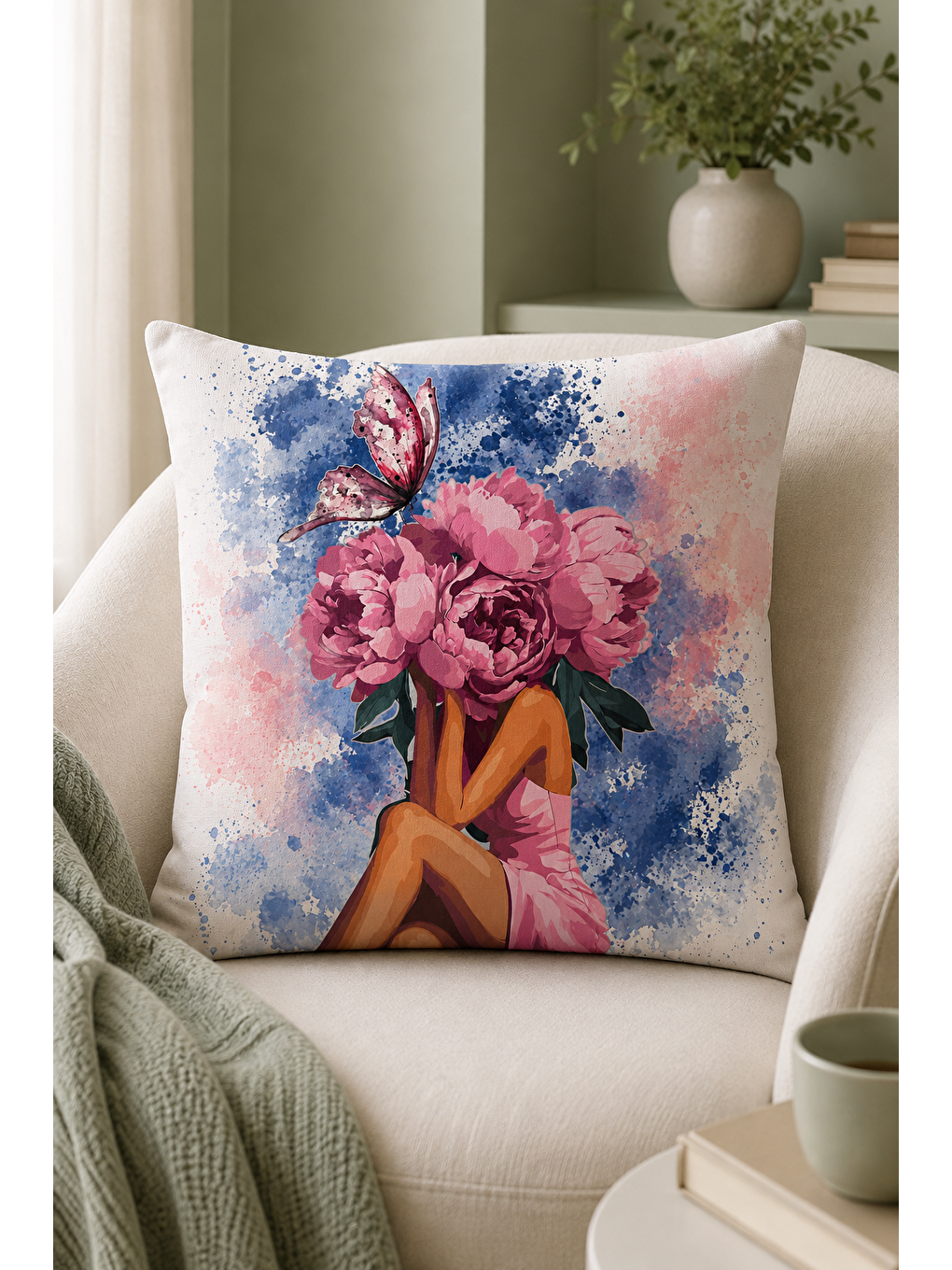 Beyaz Pembe Çiçekli Kelebekli Kadın Dekoratif Kırlent Kılıfı Suluboya Salon Dekor 43x43 Cm-5