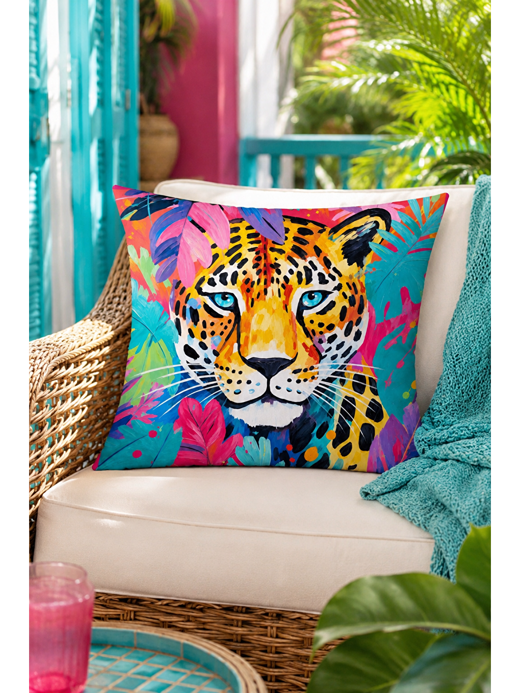 Karışık Tropikal Leopar Desenli Renkli Dekoratif Kırlent Kılıfı Modern Salon Dekor 43x43 Cm-3