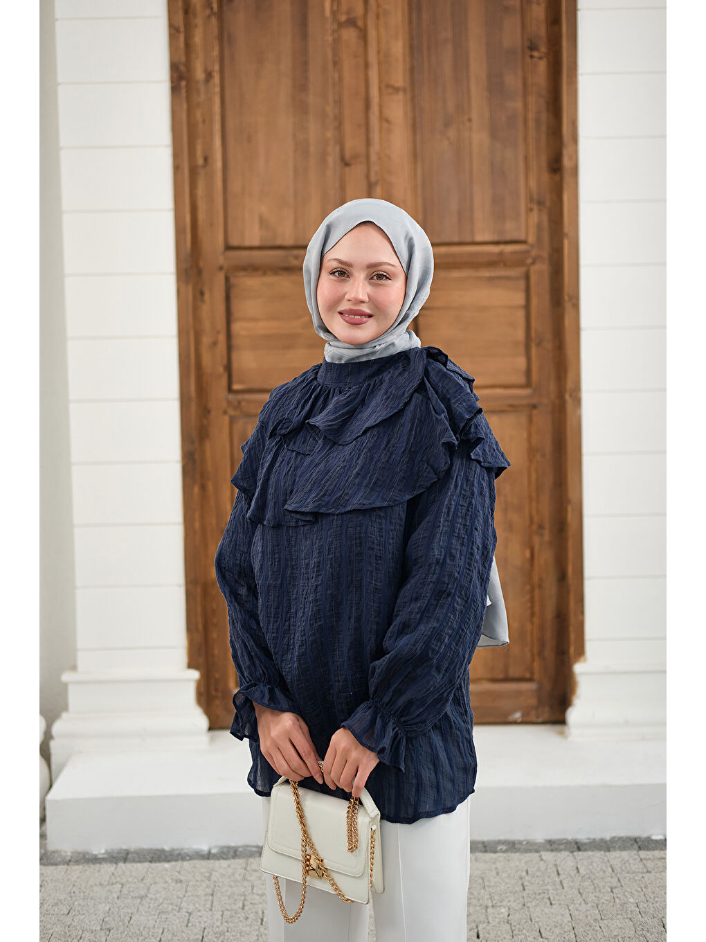 Kadın Kendinden Çizgi Desenli Yaka Büzgülü Tunik Lacivert-3