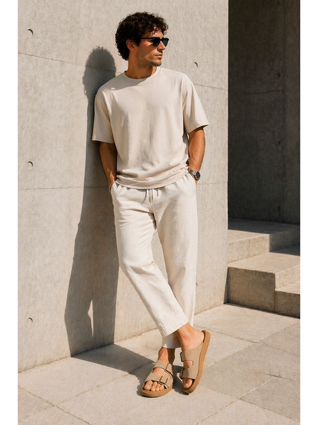 Bej AUGUSTA Ayarlanabilir Çift Tokalı Günlük Erkek Terlik-6