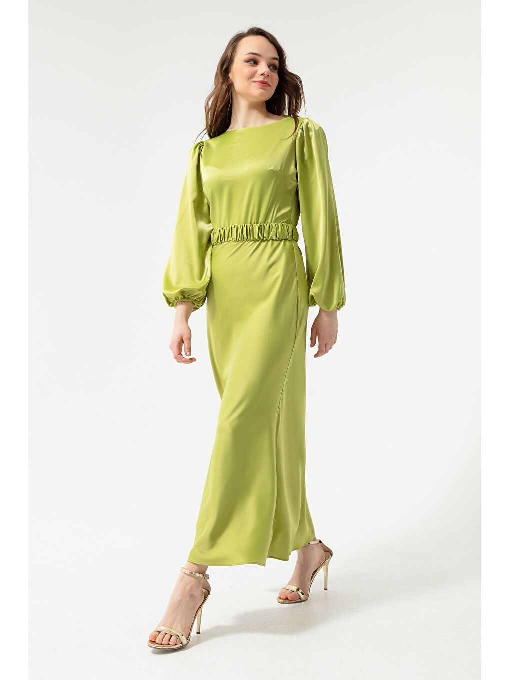 Kadın Fıstık Yeşili  Uzun Balon Kollu Nişan Elbisesi-1