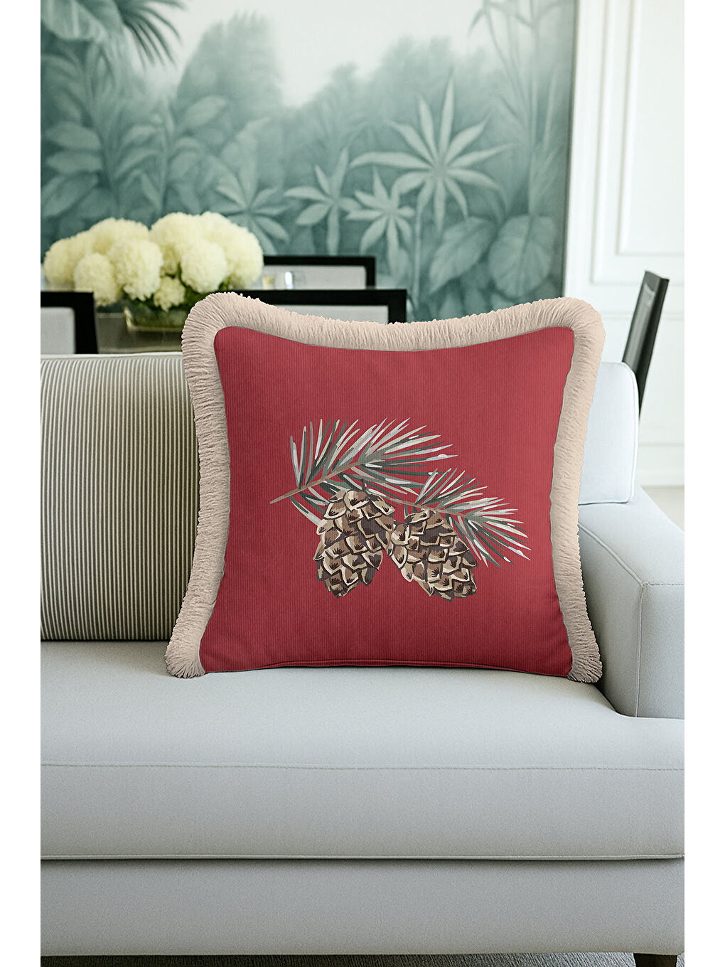 Karışık Lüks Çam Kozalağı Motifli Saçaklı Yastık Kılıfı - Doğal Kırmızı Rustik Bej Püsküllü Kırlent Kılıfı-1