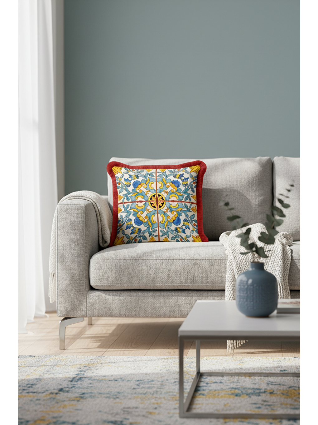 Karışık Saray Esintili Saçaklı Yastık Kılıfı - Akdeniz Country Lacivert Sarı Kırmızı Püsküllü Kırlent Kılıfı