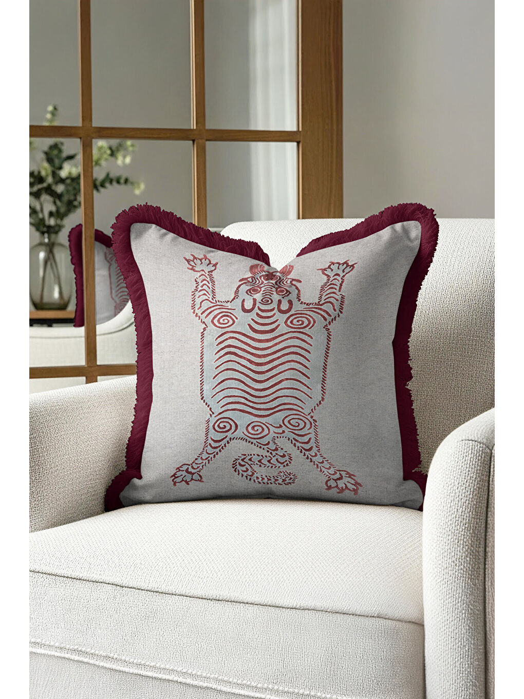 Karışık Etnik Tribal Sanat Saçaklı Yastık Kılıfı - Bohem Aslan Figürlü Bordo Gri Püsküllü Kırlent Kılıfı-2