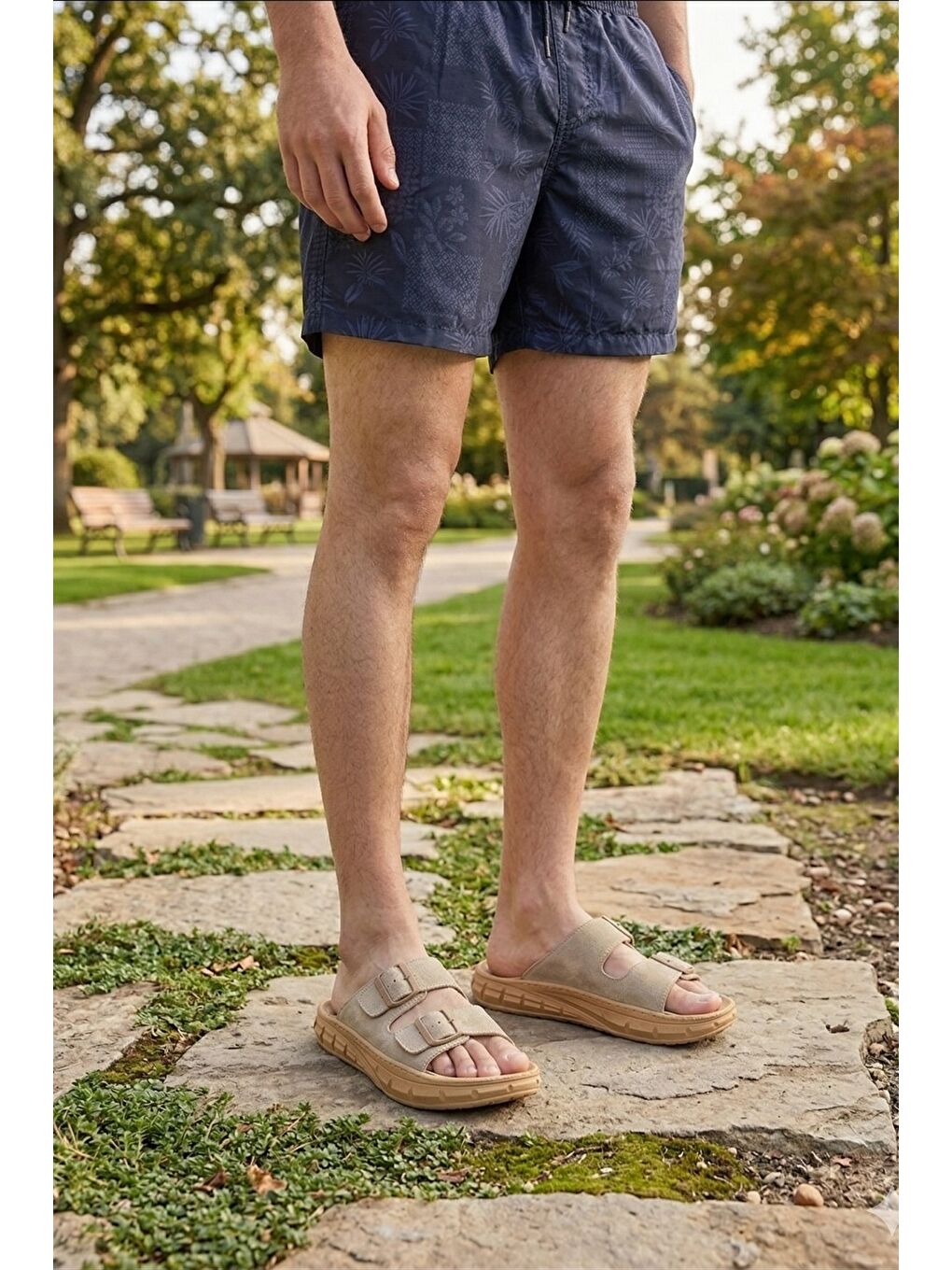 Bej AUGUSTA Ayarlanabilir Çift Tokalı Günlük Erkek Terlik-7