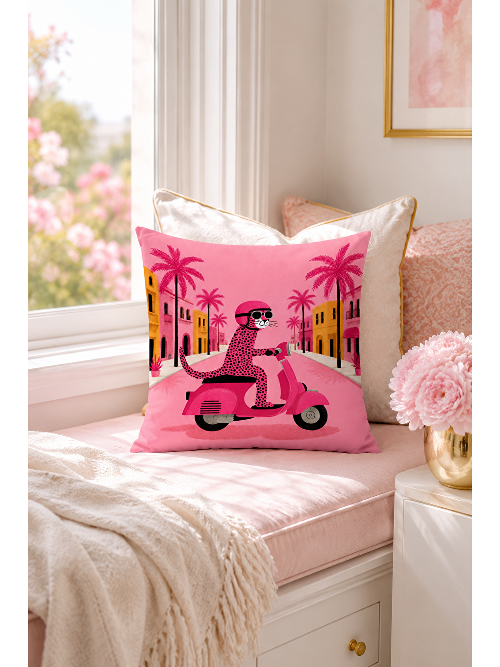 Pembe Scooter Leopar Desenli Dekoratif Kırlent Kılıfı Pop Art Yazlık Dekor 43x43 Cm-1