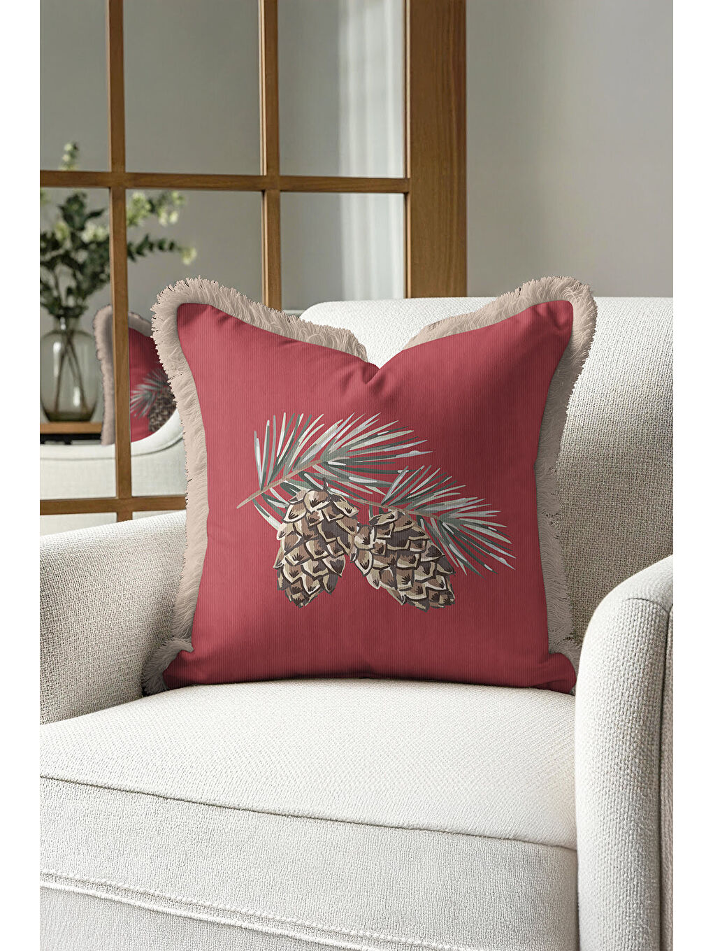 Karışık Lüks Çam Kozalağı Motifli Saçaklı Yastık Kılıfı - Doğal Kırmızı Rustik Bej Püsküllü Kırlent Kılıfı-2