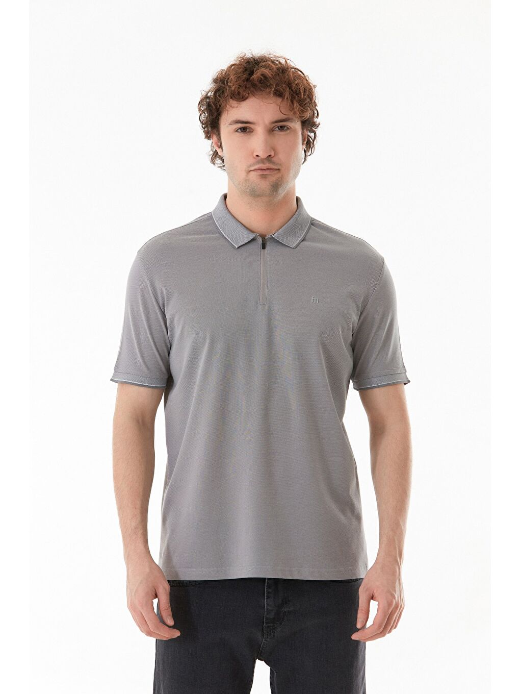 Gri Oxford Kumaş Yarım Fermuarlı Polo Yaka Tişört