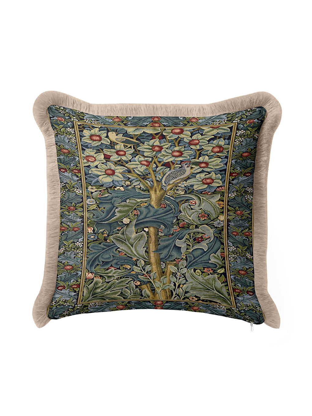 Karışık Lüks Çiçekli Saçaklı Yastık Kılıfı - Sanatsal Doğa Temalı Klasik Yeşil Gold Püsküllü Kırlent Kılıfı-4