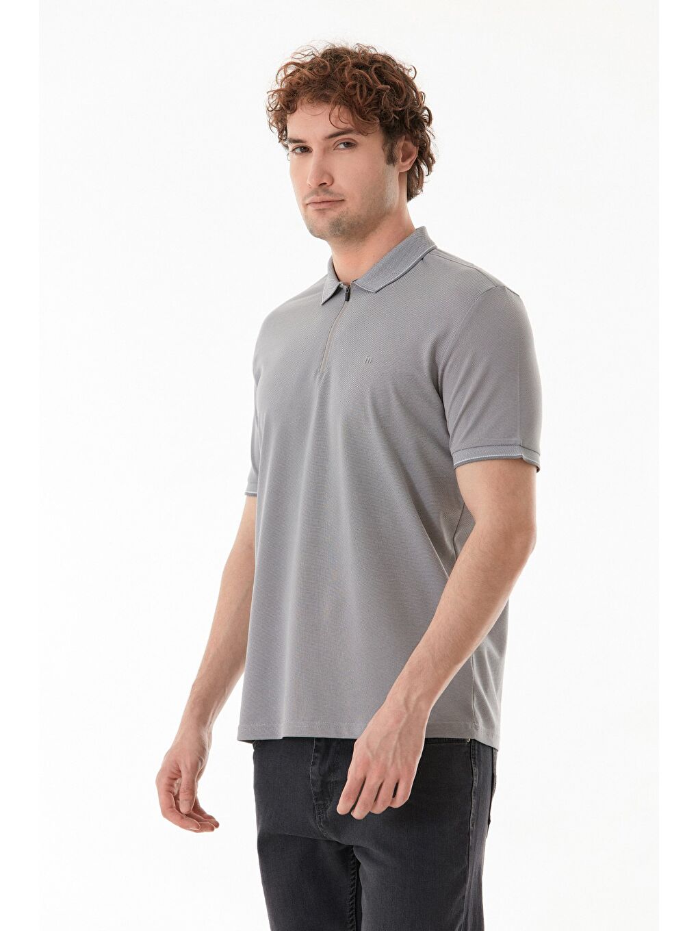Gri Oxford Kumaş Yarım Fermuarlı Polo Yaka Tişört-2
