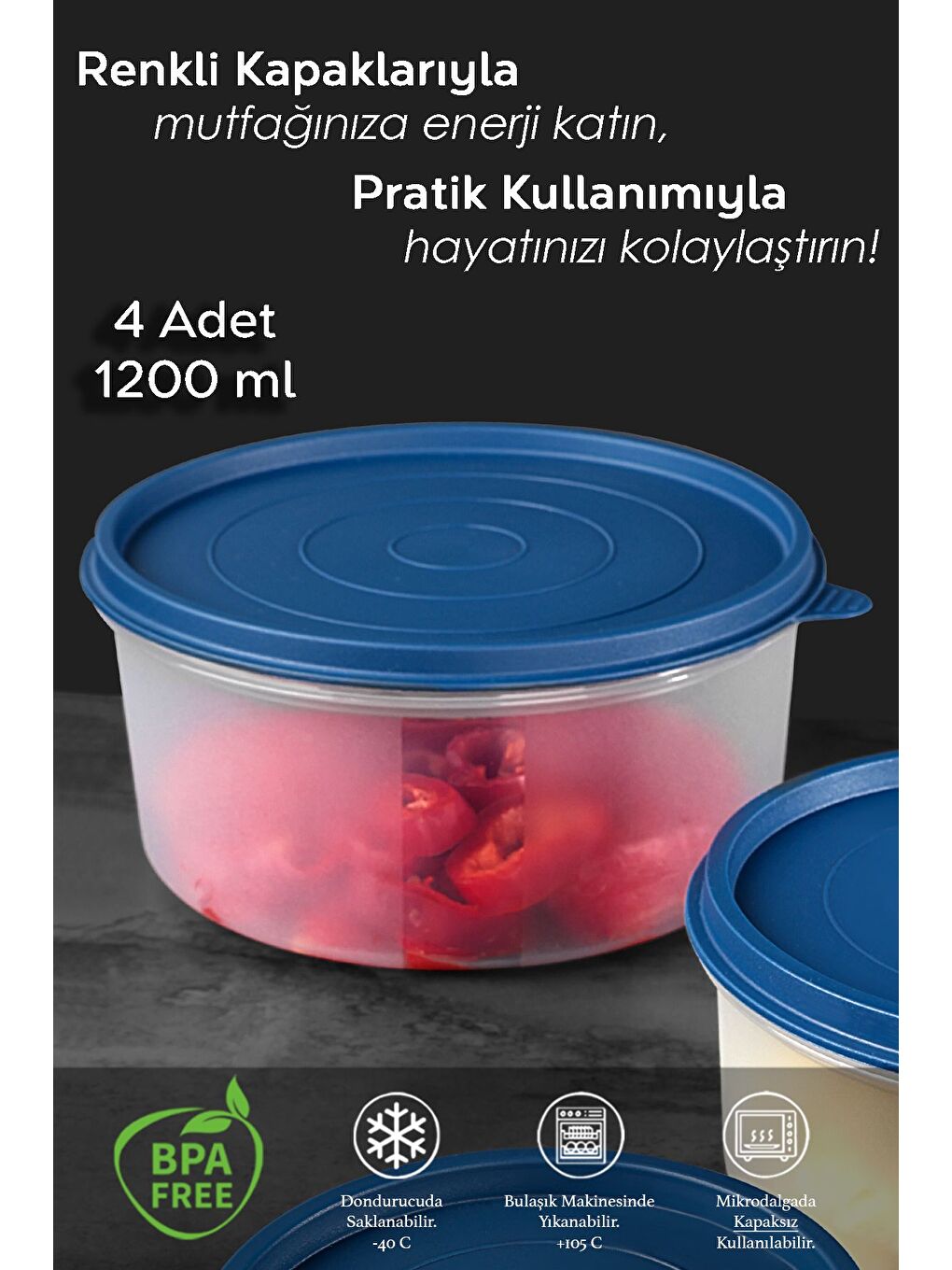 Karışık 4'lü Yuvarlak Gıda Saklama Kabı Seti 4x1200 ml Renkli-1