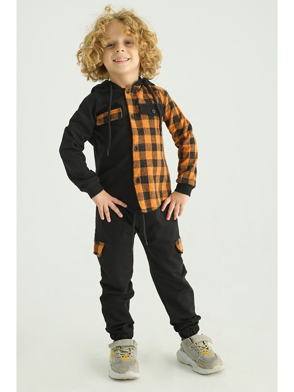 Turuncu Kapüşonlu Ekoseli Cepli Erkek Çocuk Takım-1