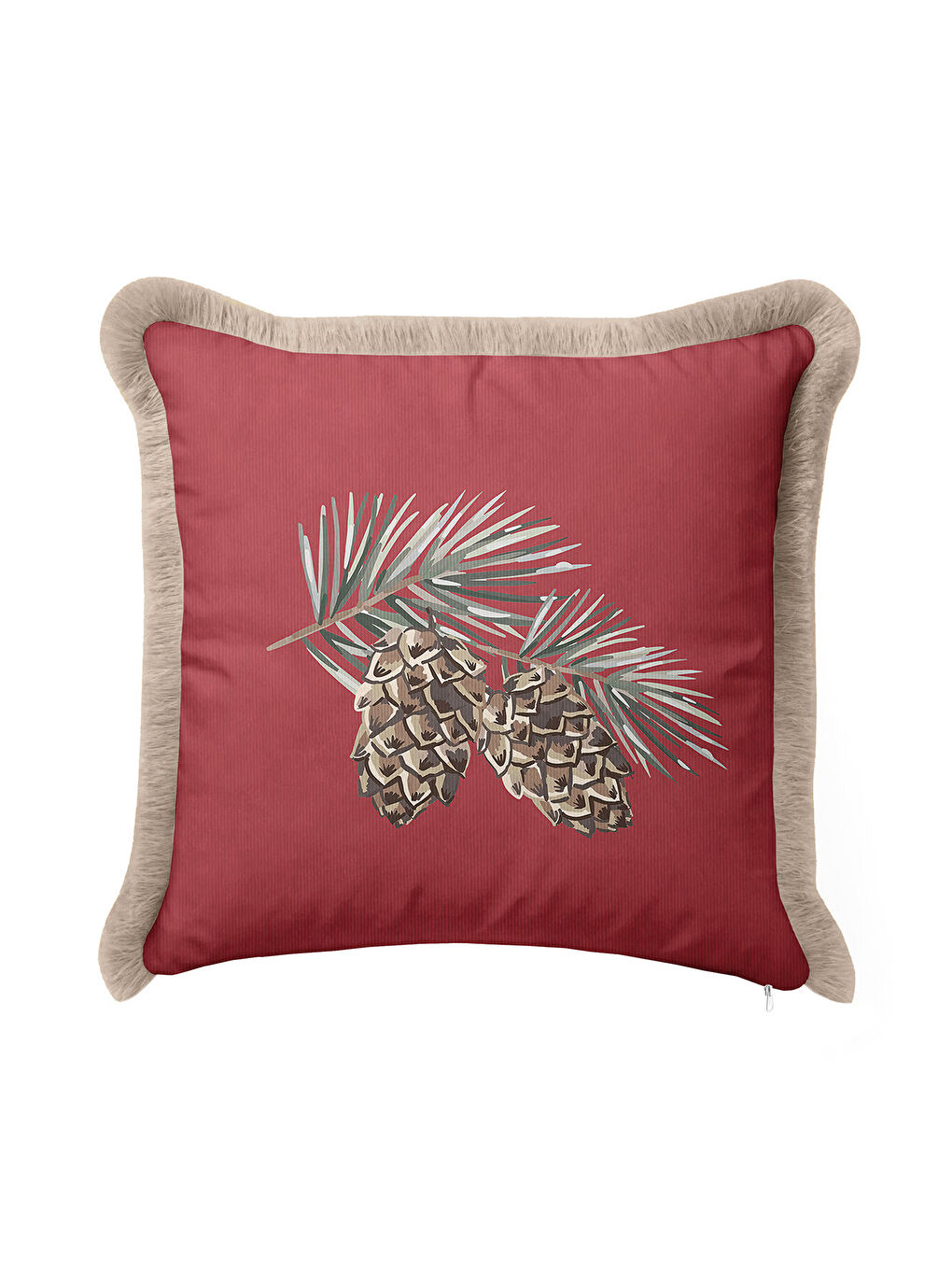 Karışık Lüks Çam Kozalağı Motifli Saçaklı Yastık Kılıfı - Doğal Kırmızı Rustik Bej Püsküllü Kırlent Kılıfı-3