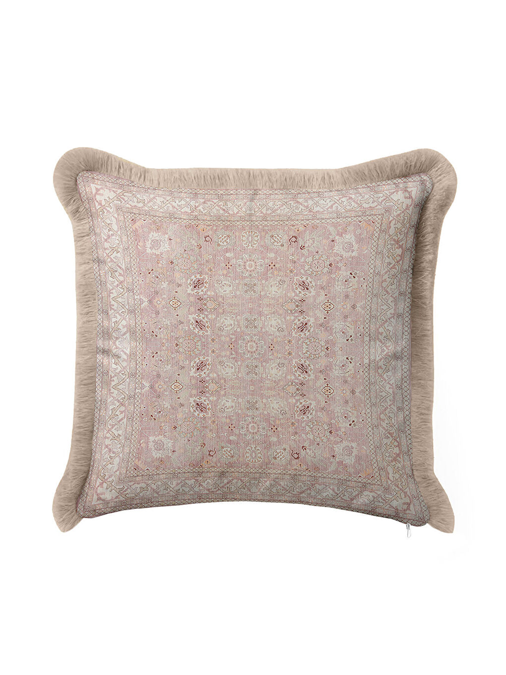 Karışık Zarif Vintage Halı Motifli Saçaklı Yastık Kılıfı - Klasik Rustik Pudra Bej Püsküllü Kırlent Kılıfı-1