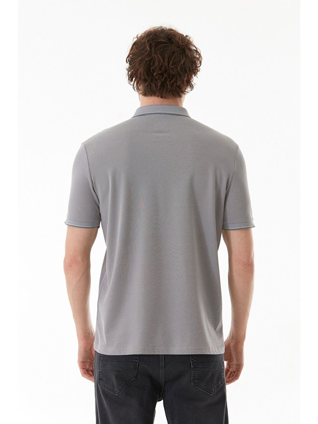 Gri Oxford Kumaş Yarım Fermuarlı Polo Yaka Tişört-4