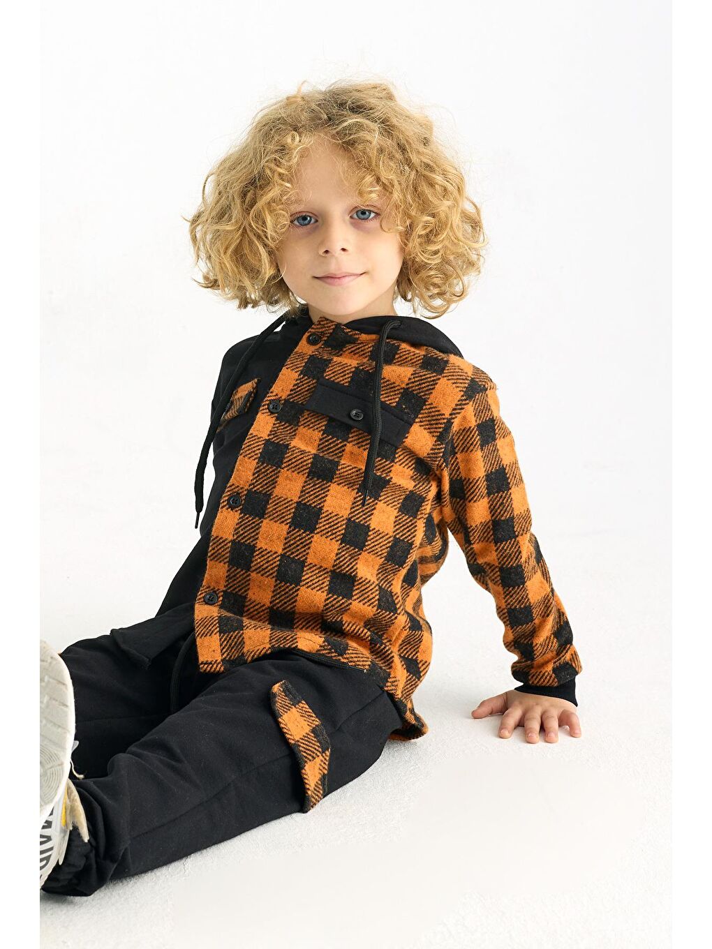 Turuncu Kapüşonlu Ekoseli Cepli Erkek Çocuk Takım-2