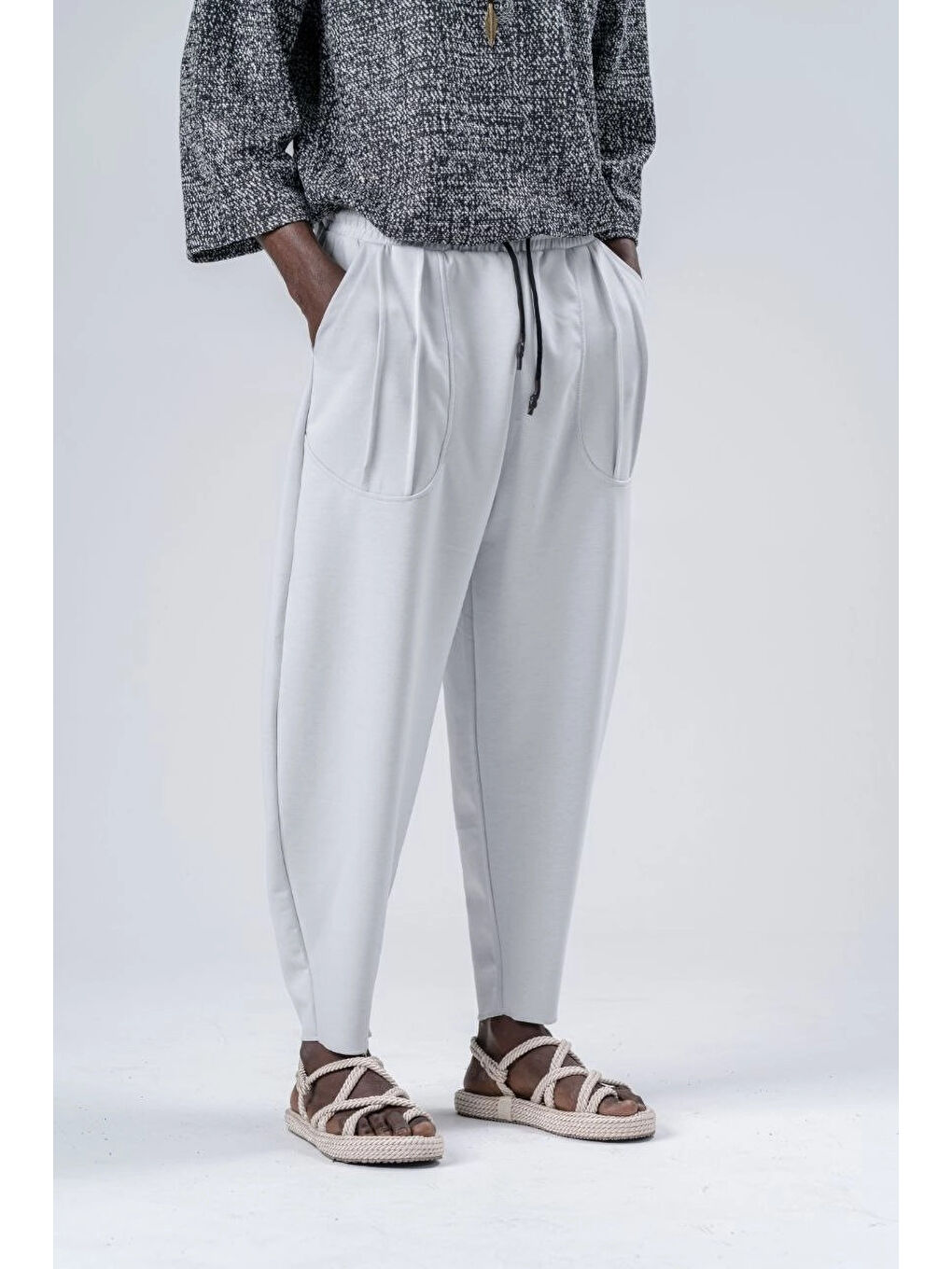 Erkek Beyaz Beli İp Bağlamalı Bol Kesim Cepli Pantolon %100 Pamuk Eşofman Altı HZL24S-MXC9019-10-1