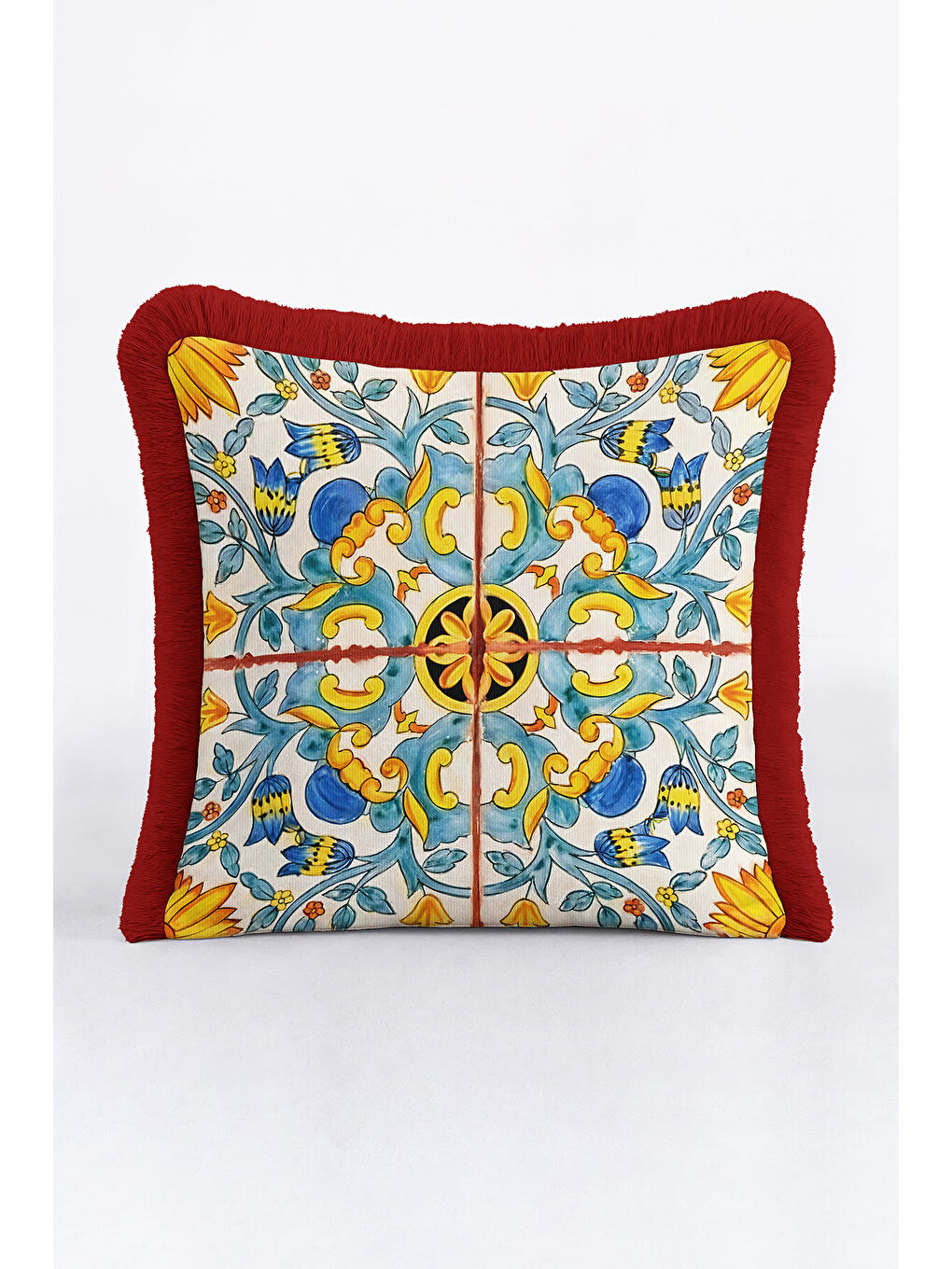 Karışık Saray Esintili Saçaklı Yastık Kılıfı - Akdeniz Country Lacivert Sarı Kırmızı Püsküllü Kırlent Kılıfı-1
