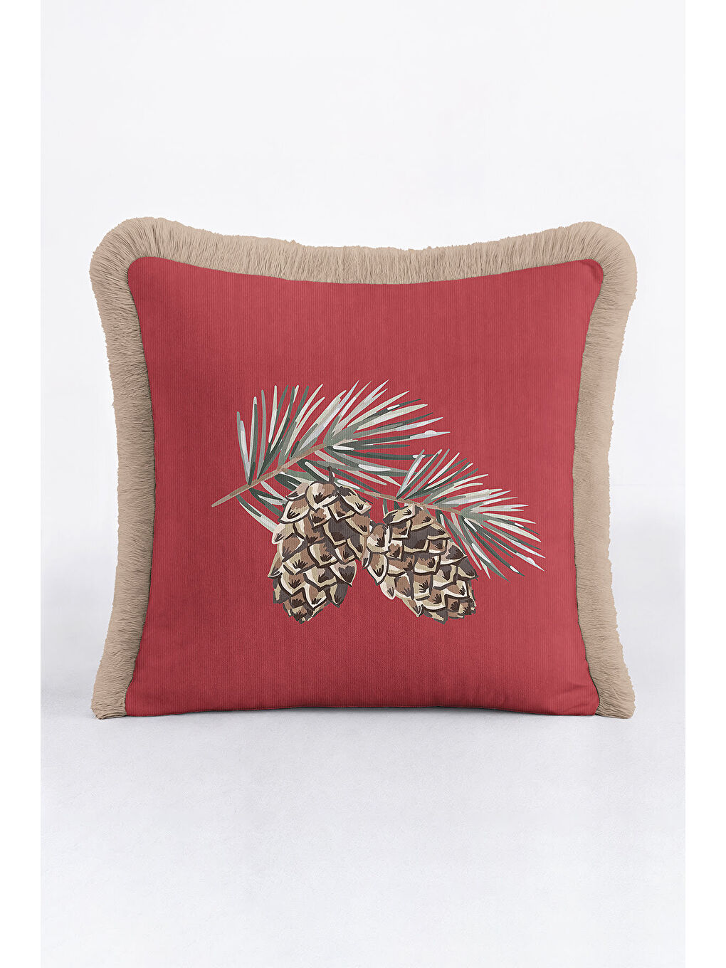 Karışık Lüks Çam Kozalağı Motifli Saçaklı Yastık Kılıfı - Doğal Kırmızı Rustik Bej Püsküllü Kırlent Kılıfı-4