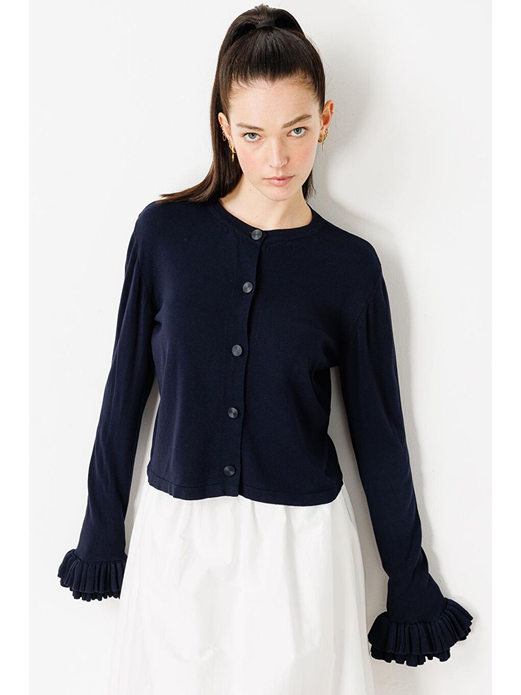 Volanlı Midi Boy Hırka - Lacivert