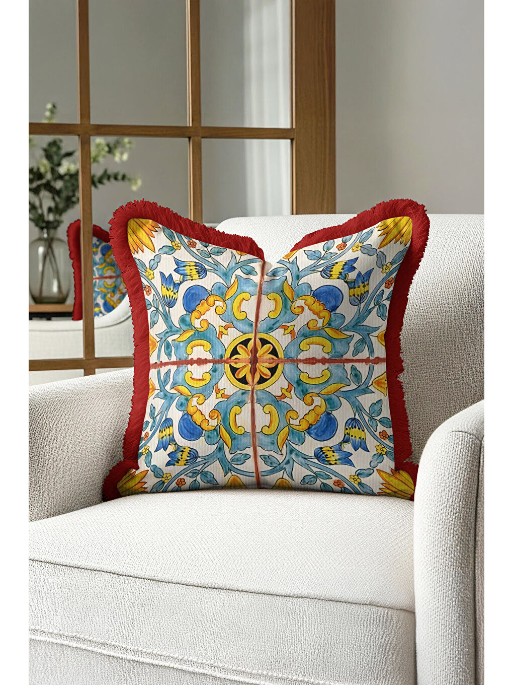 Karışık Saray Esintili Saçaklı Yastık Kılıfı - Akdeniz Country Lacivert Sarı Kırmızı Püsküllü Kırlent Kılıfı-2