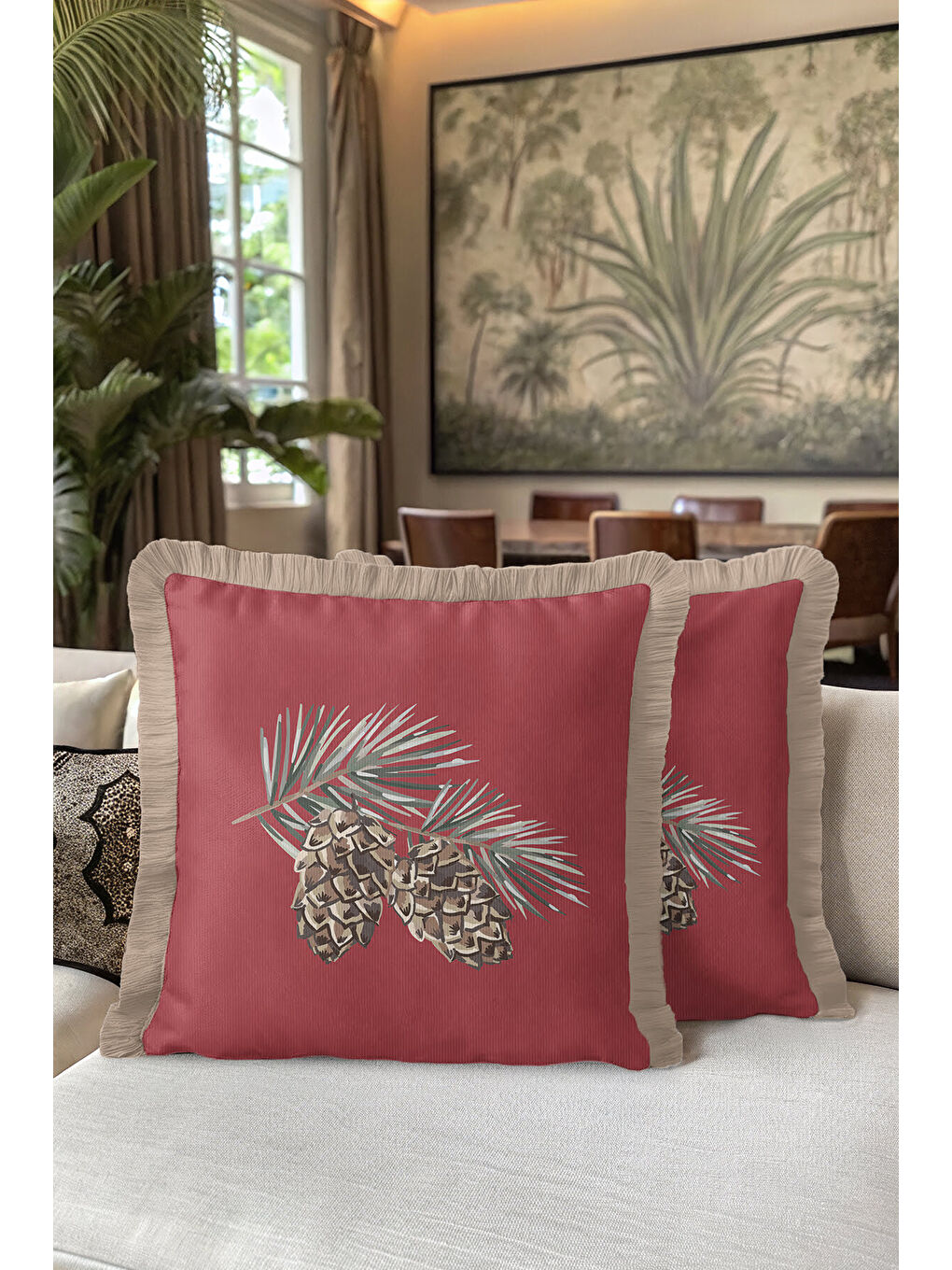 Karışık Lüks Çam Kozalağı Motifli Saçaklı Yastık Kılıfı - Doğal Kırmızı Rustik Bej Püsküllü Kırlent Kılıfı-5