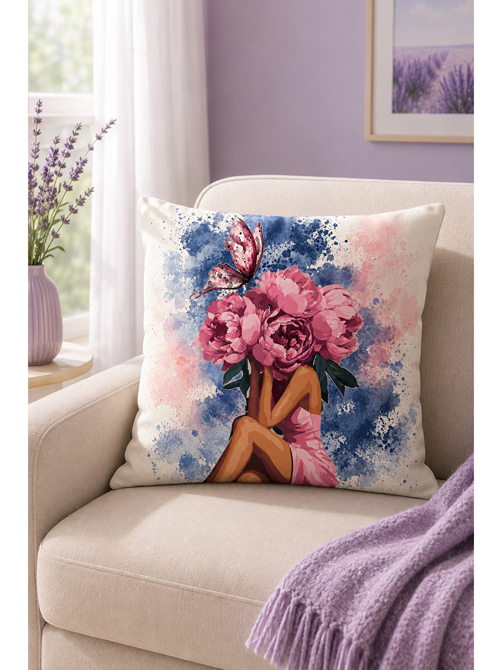 Beyaz Pembe Çiçekli Kelebekli Kadın Dekoratif Kırlent Kılıfı Suluboya Salon Dekor 43x43 Cm-6