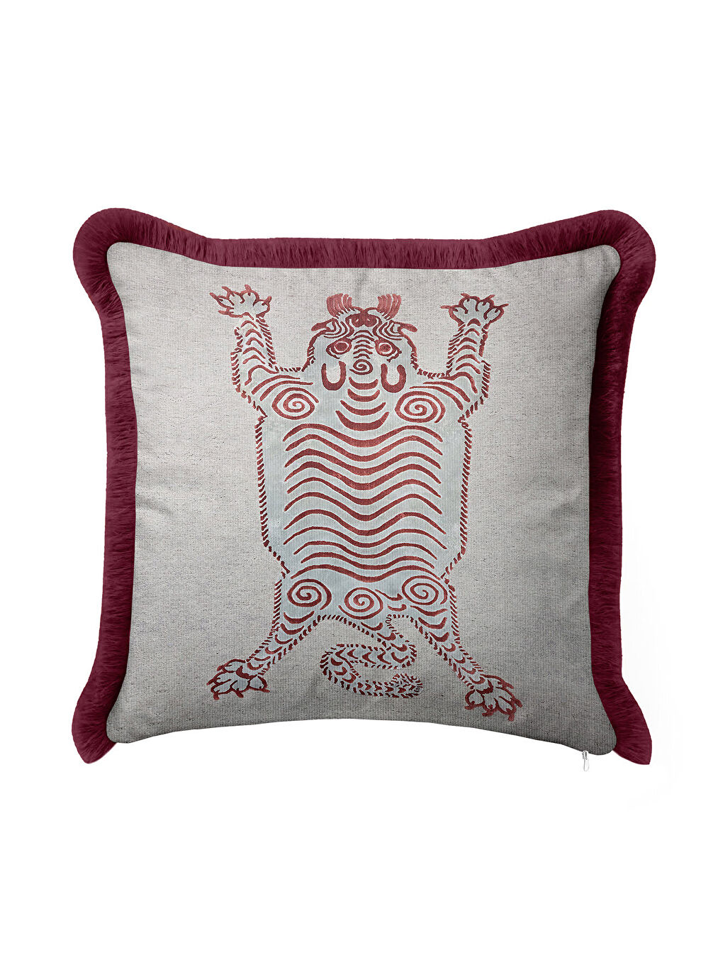 Karışık Etnik Tribal Sanat Saçaklı Yastık Kılıfı - Bohem Aslan Figürlü Bordo Gri Püsküllü Kırlent Kılıfı-3