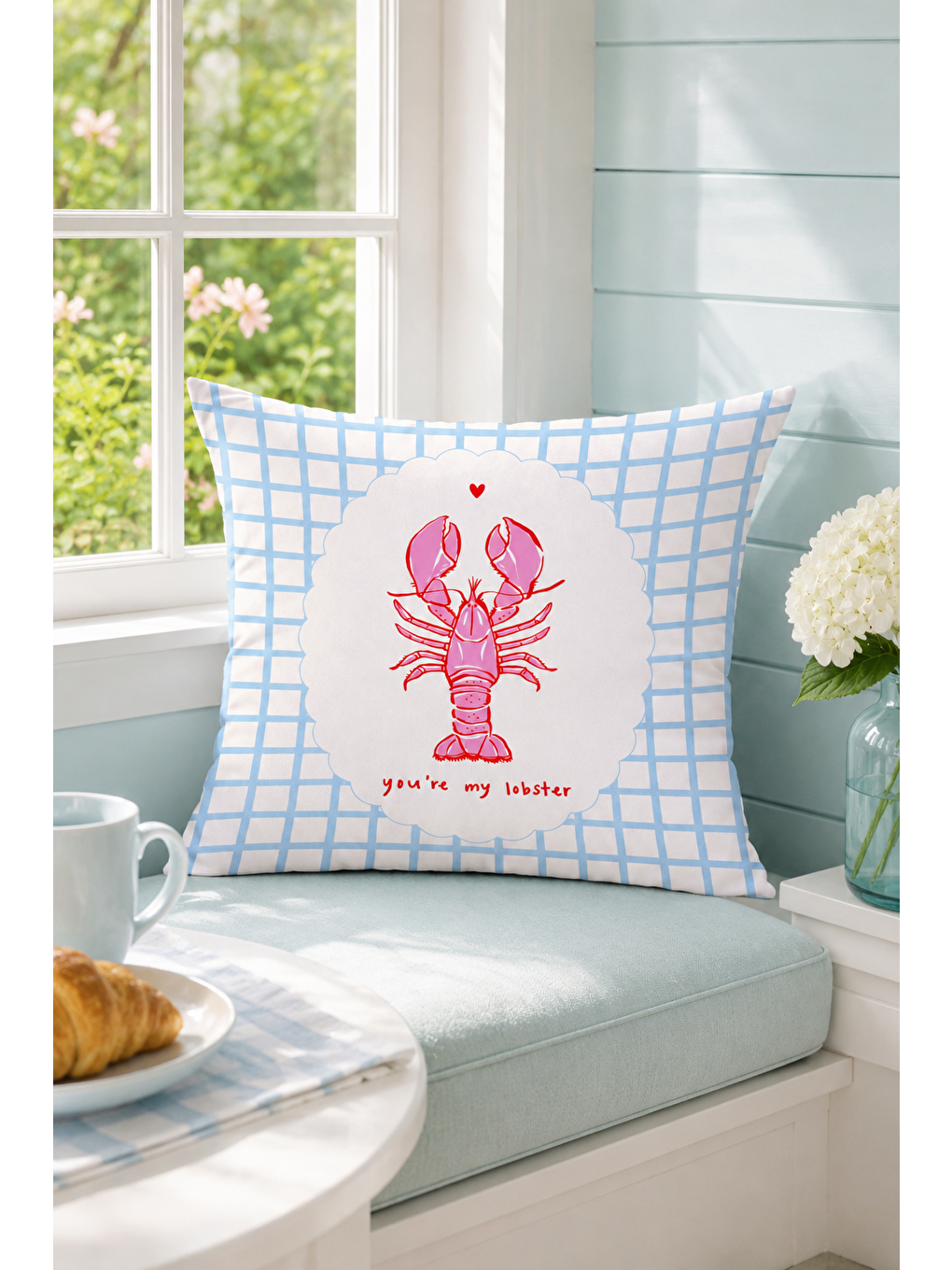 Beyaz You're My Lobster Istakoz Yazı Baskılı Dekoratif Kırlent Kılıfı Marin Dekor 43x43 Cm-2