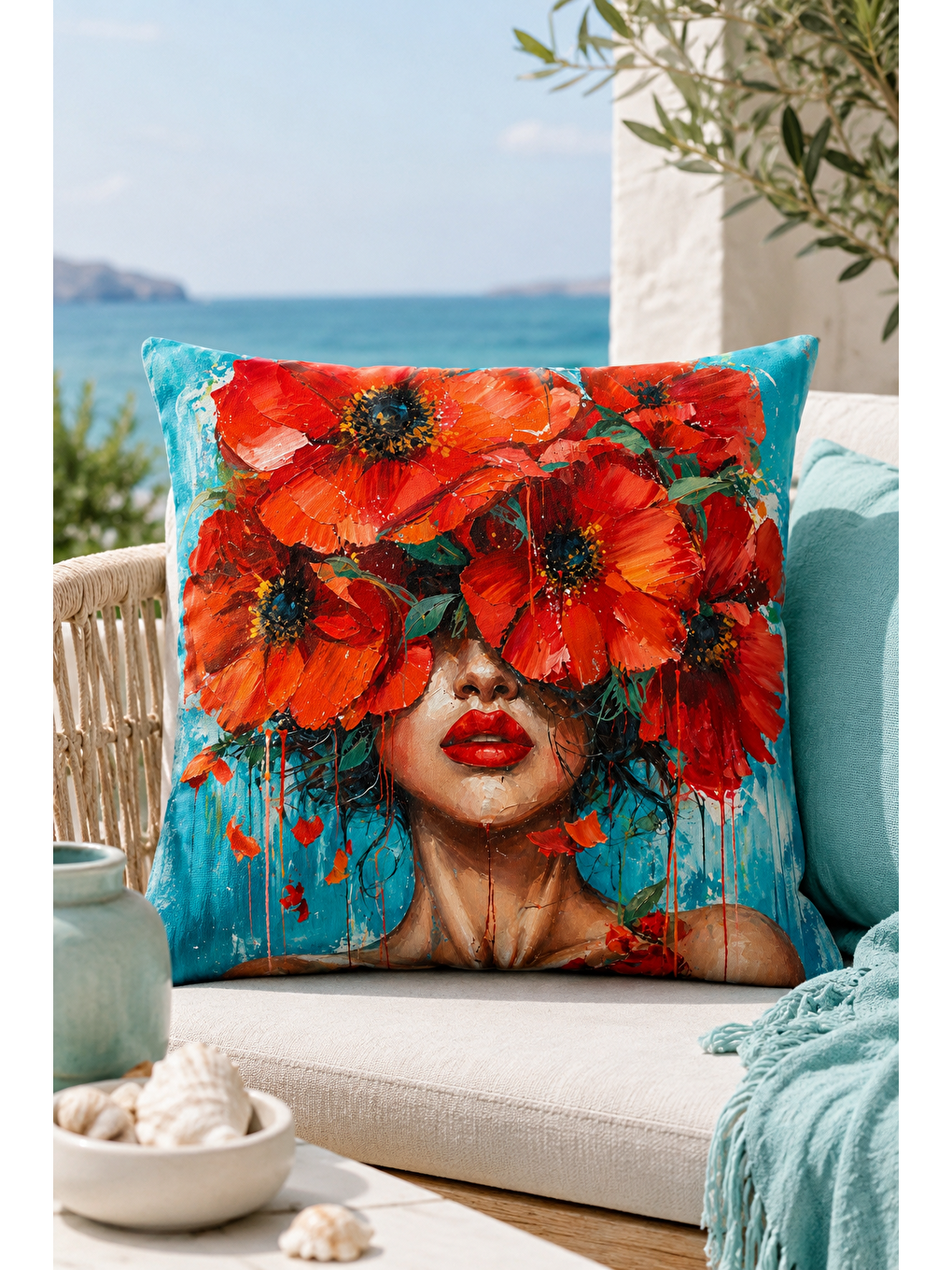 Kırmızı Çiçekli Kadın Portre Desenli Dekoratif Kırlent Kılıfı Bohem Dekor 43x43 Cm-1