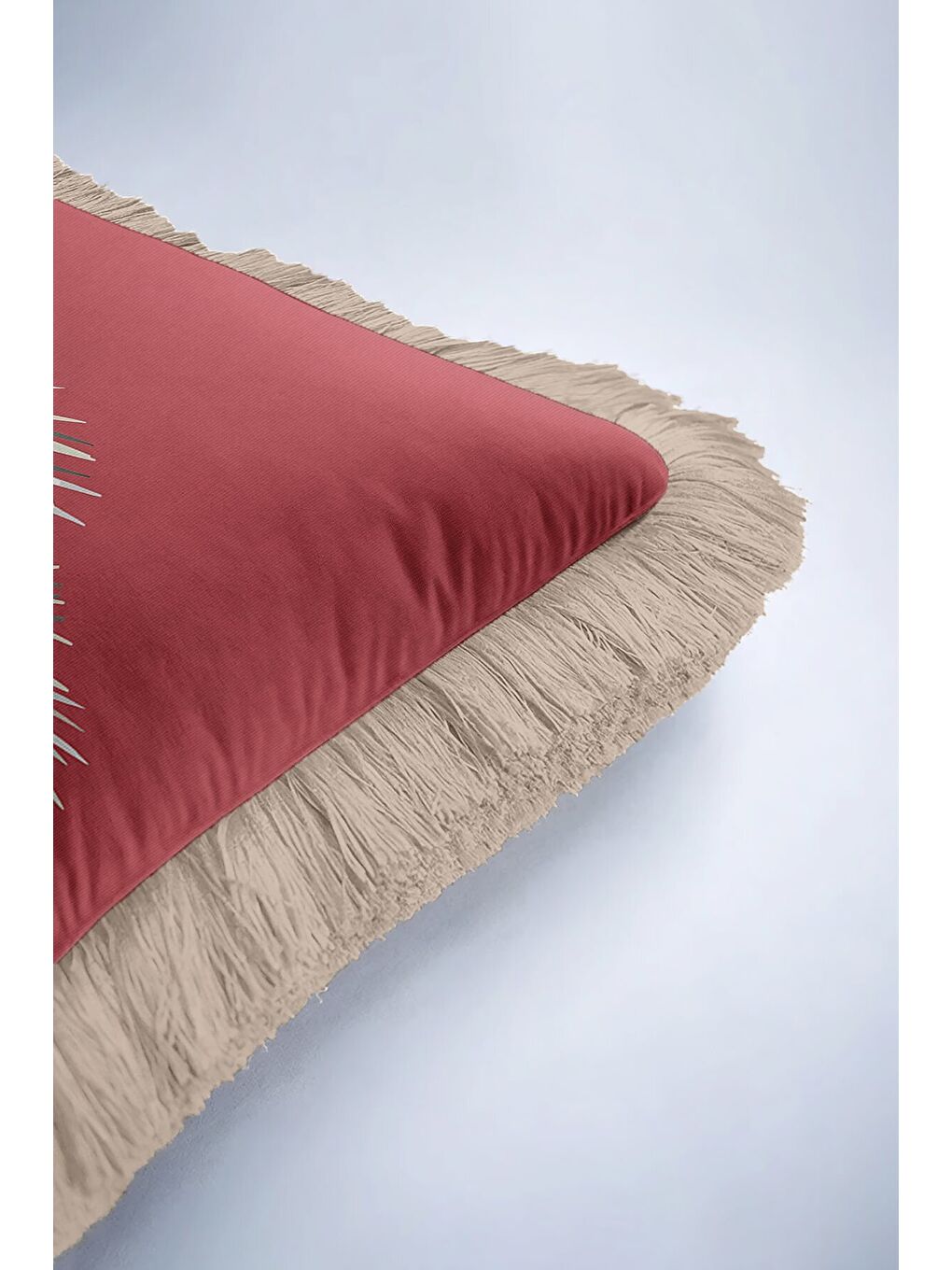 Karışık Lüks Çam Kozalağı Motifli Saçaklı Yastık Kılıfı - Doğal Kırmızı Rustik Bej Püsküllü Kırlent Kılıfı-6
