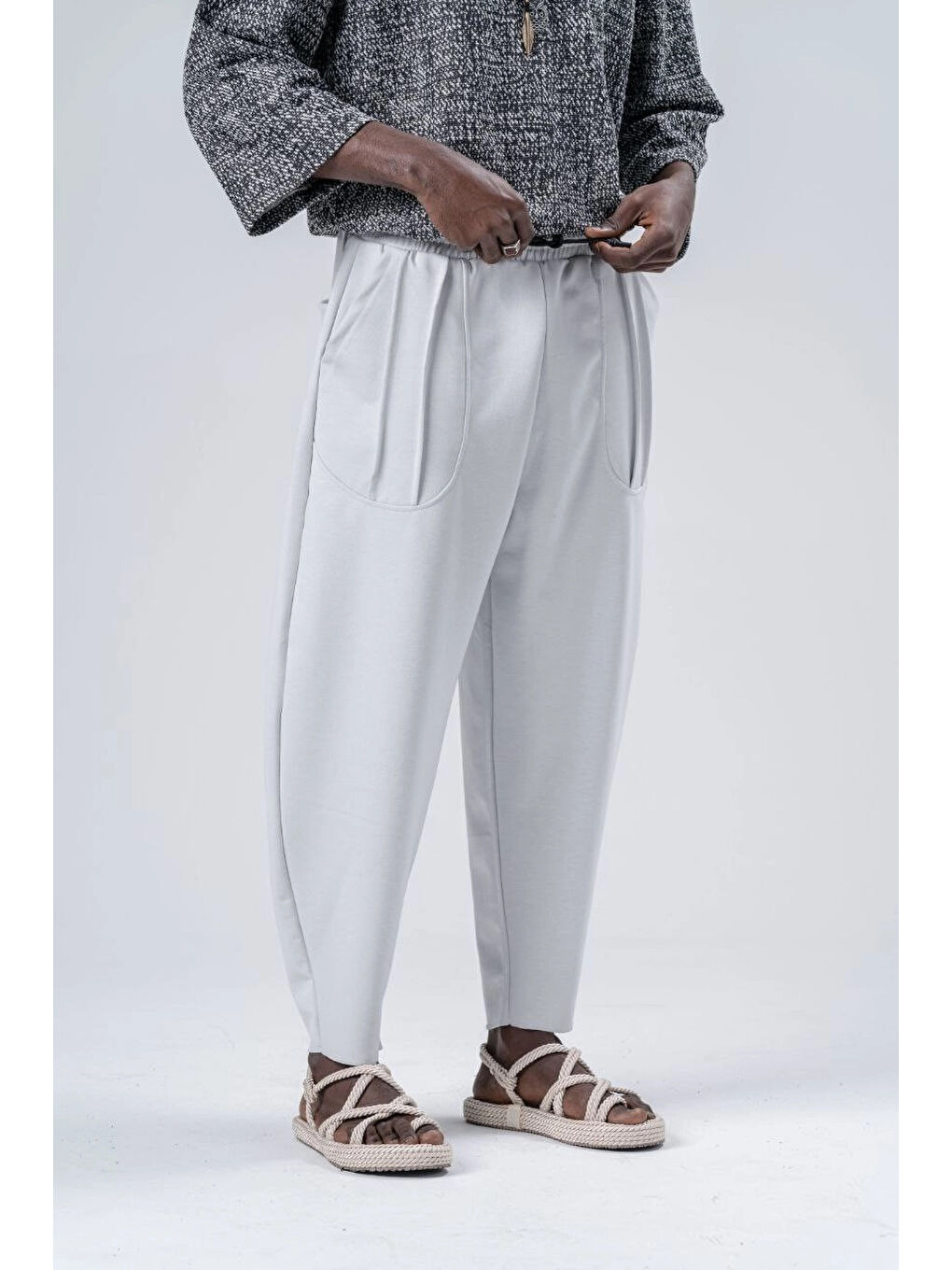 Erkek Beyaz Beli İp Bağlamalı Bol Kesim Cepli Pantolon %100 Pamuk Eşofman Altı HZL24S-MXC9019-10-3