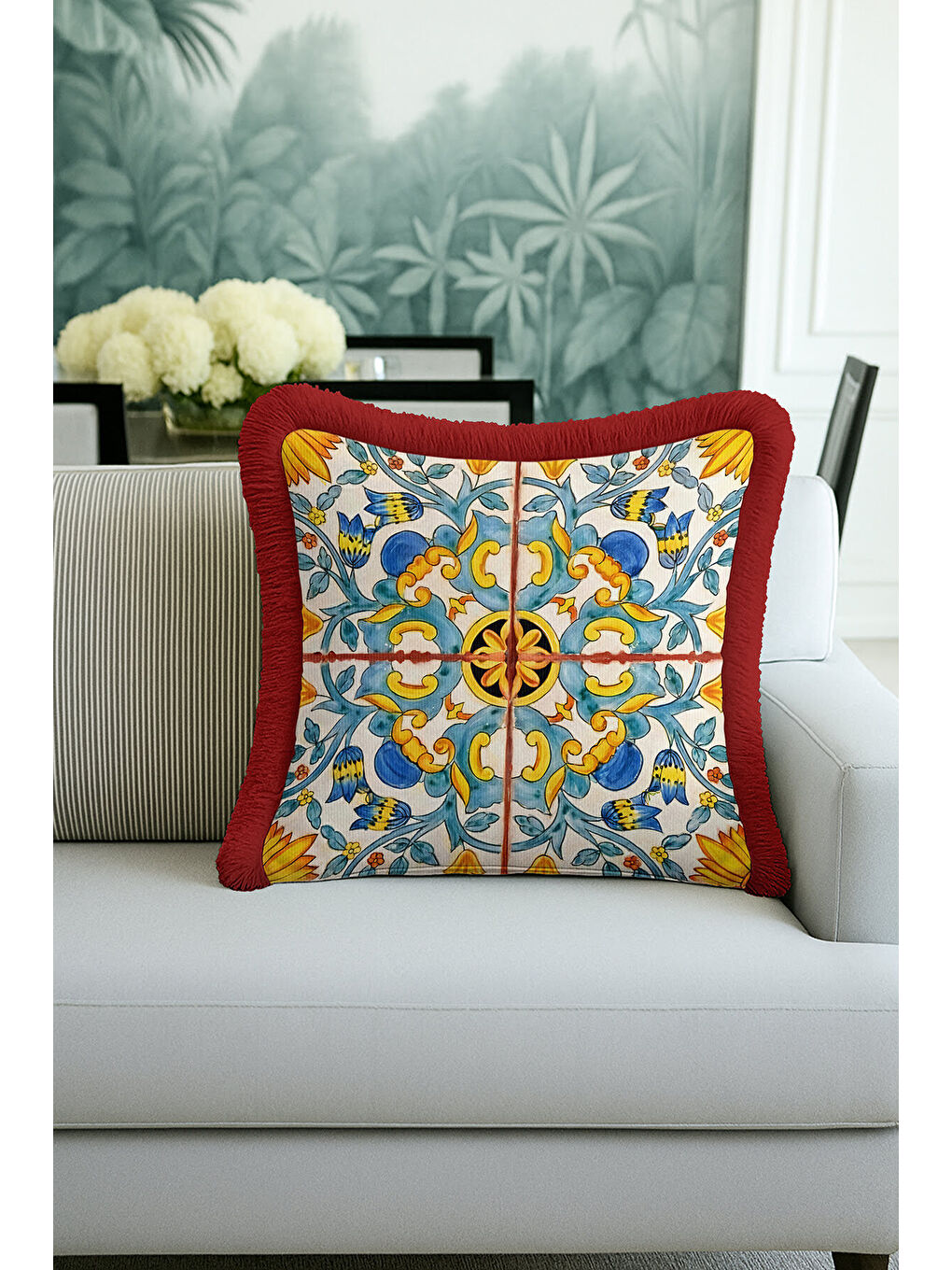 Karışık Saray Esintili Saçaklı Yastık Kılıfı - Akdeniz Country Lacivert Sarı Kırmızı Püsküllü Kırlent Kılıfı-3