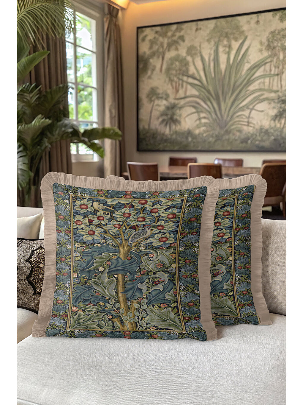 Karışık Lüks Çiçekli Saçaklı Yastık Kılıfı - Sanatsal Doğa Temalı Klasik Yeşil Gold Püsküllü Kırlent Kılıfı-5