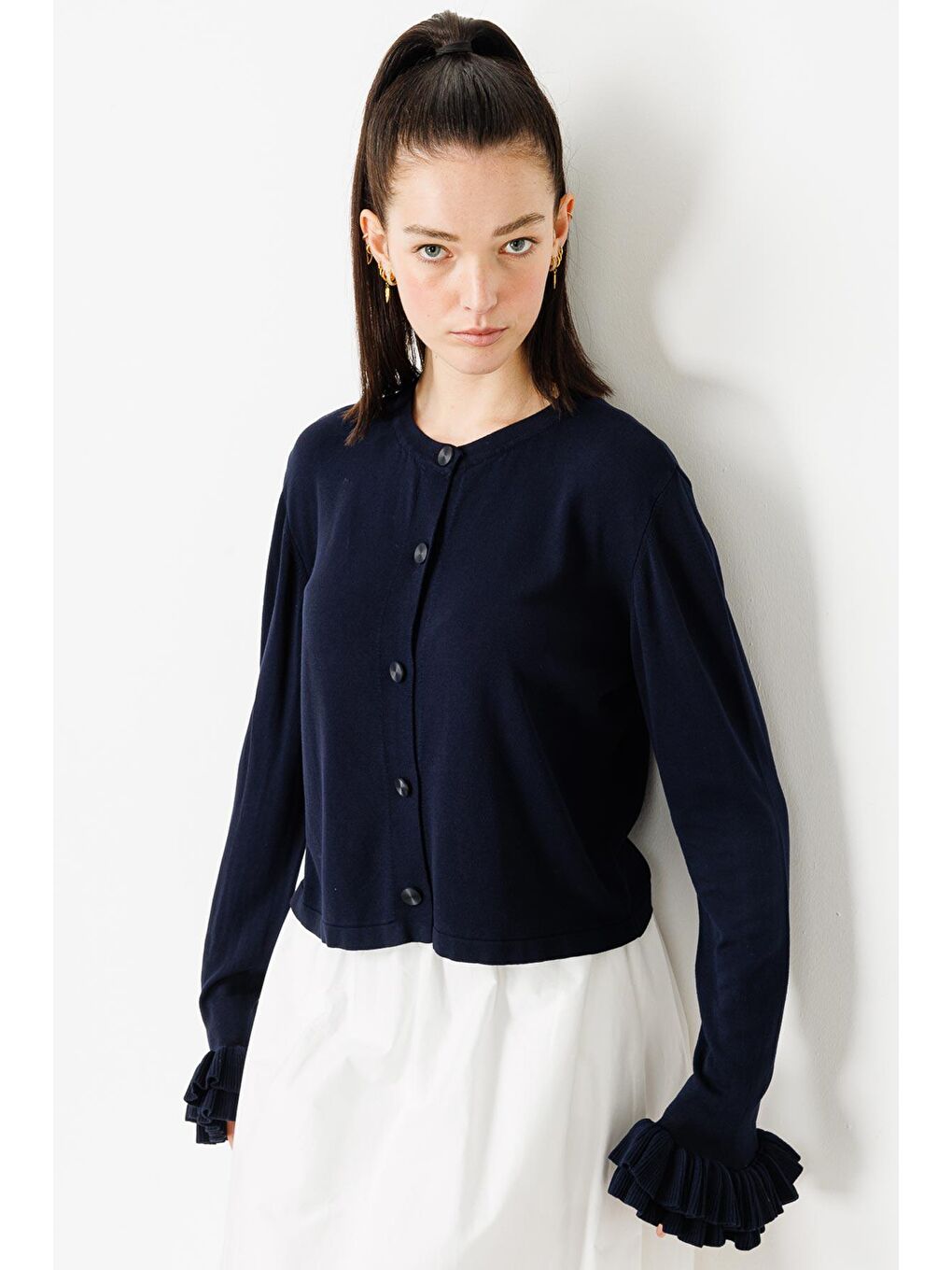 Volanlı Midi Boy Hırka - Lacivert-1