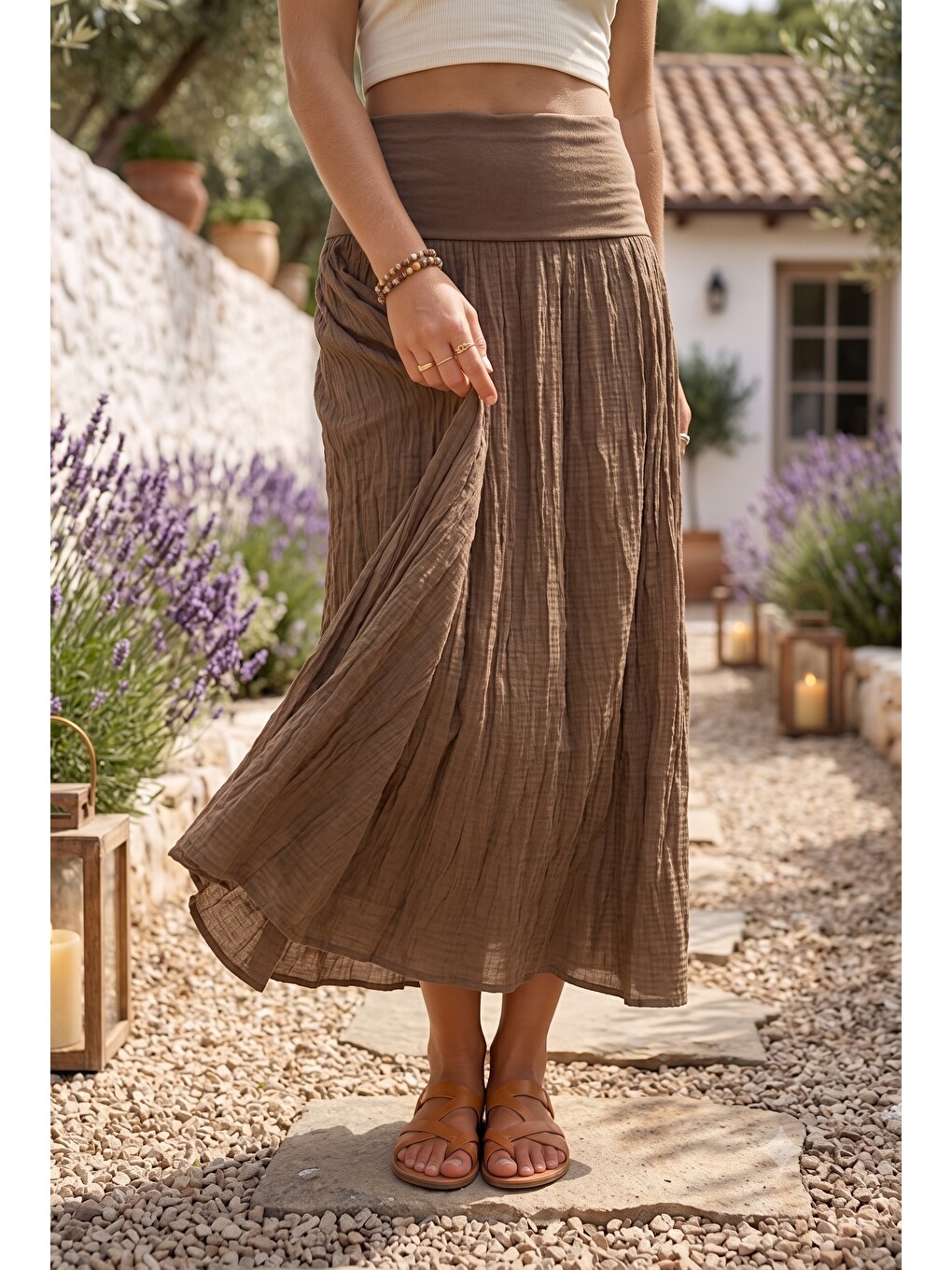 Kahverengi Camel Astarlı Katlanabilir Kumaş Bel Casual Pamuklu Uzun Dokuma Etek 95 65