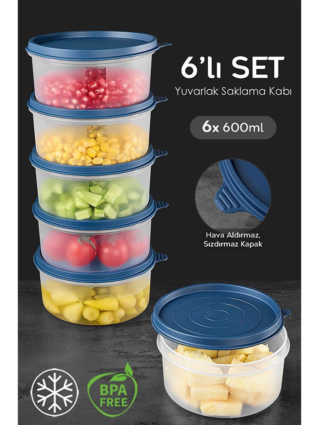 6'lı Yuvarlak Gıda Saklama Kabı Seti 6x600 ml Lacivert