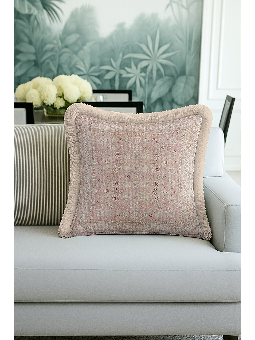 Karışık Zarif Vintage Halı Motifli Saçaklı Yastık Kılıfı - Klasik Rustik Pudra Bej Püsküllü Kırlent Kılıfı-2