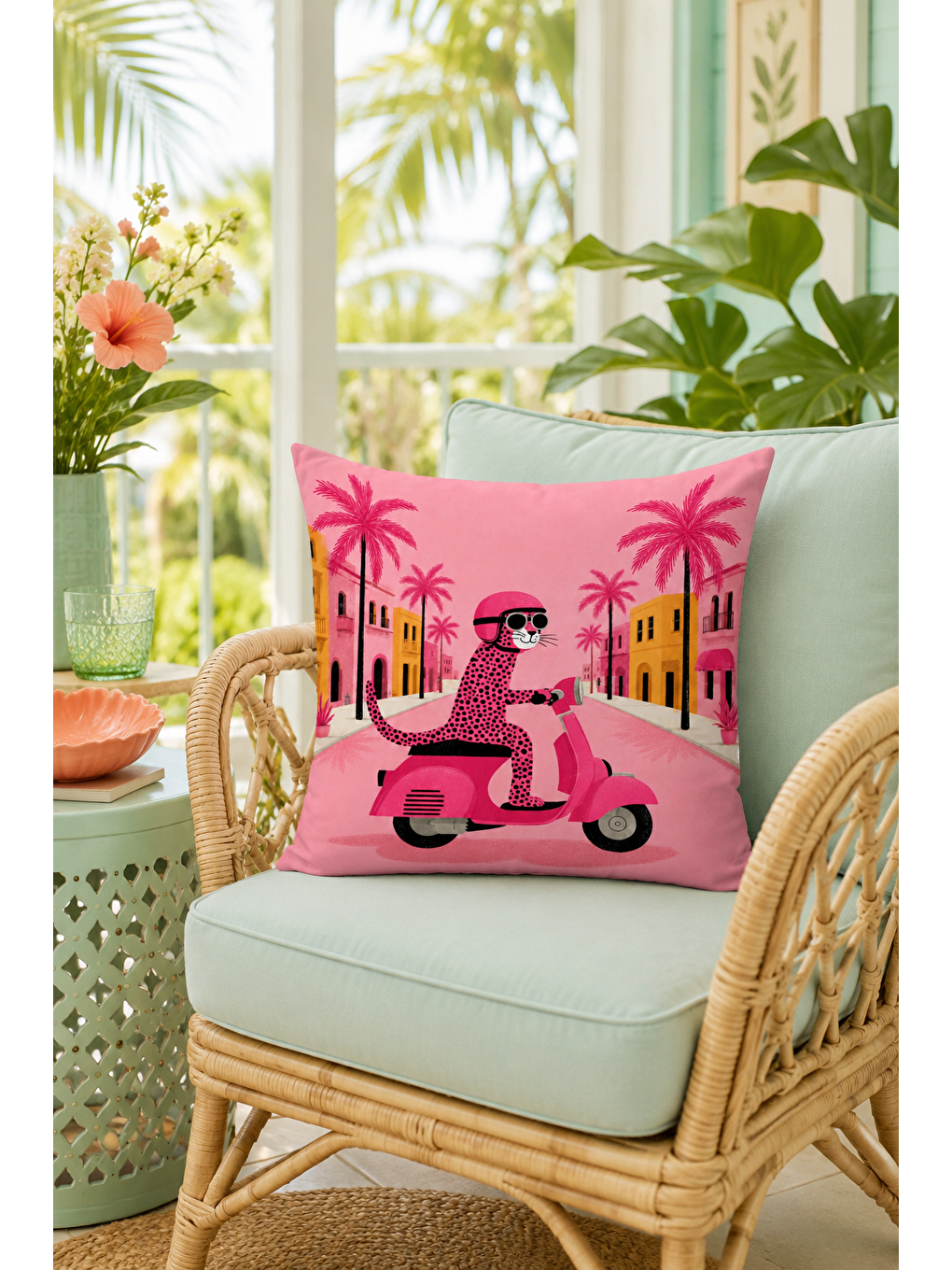 Pembe Scooter Leopar Desenli Dekoratif Kırlent Kılıfı Pop Art Yazlık Dekor 43x43 Cm-2
