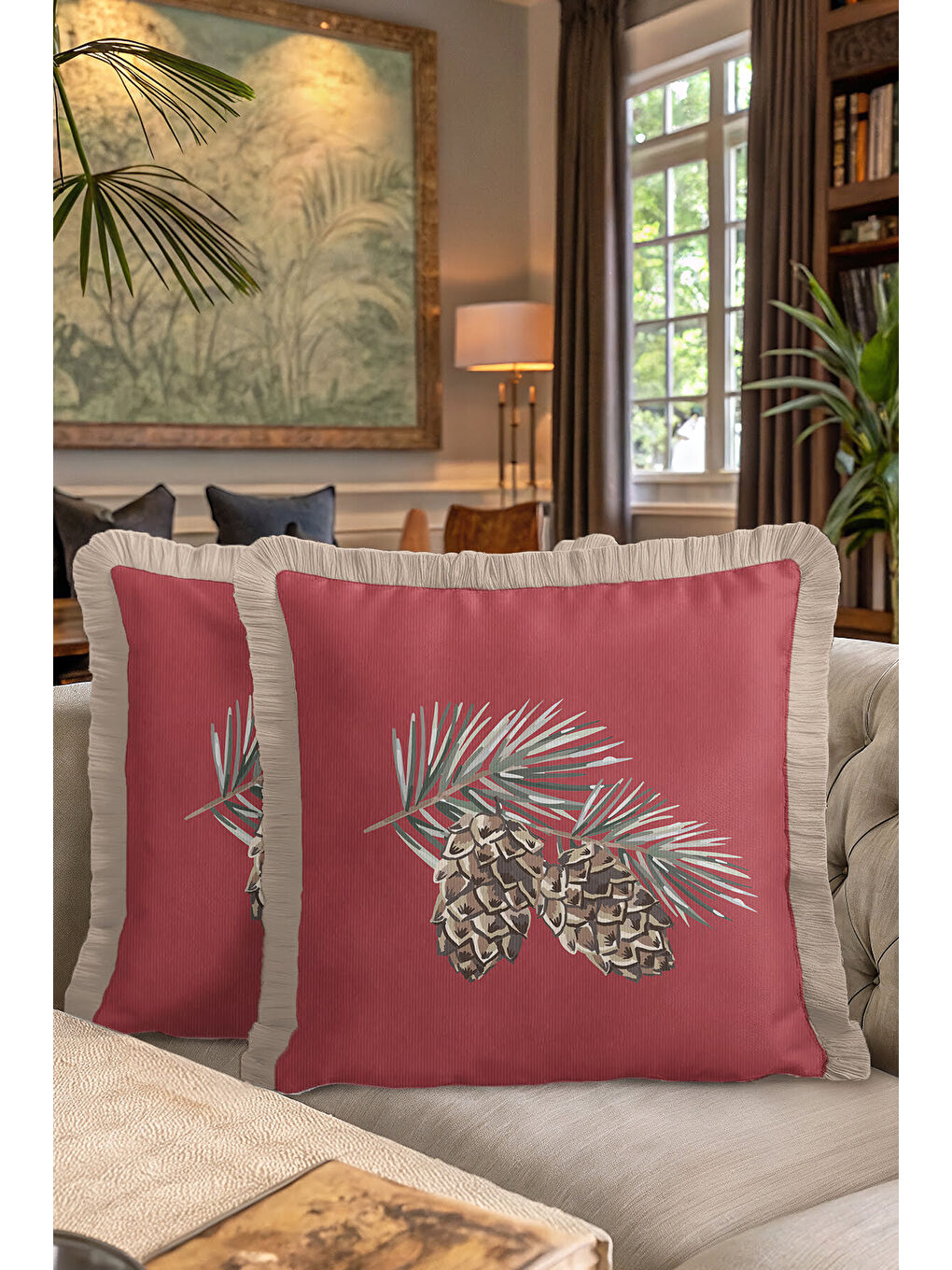 Karışık Lüks Çam Kozalağı Motifli Saçaklı Yastık Kılıfı - Doğal Kırmızı Rustik Bej Püsküllü Kırlent Kılıfı-7