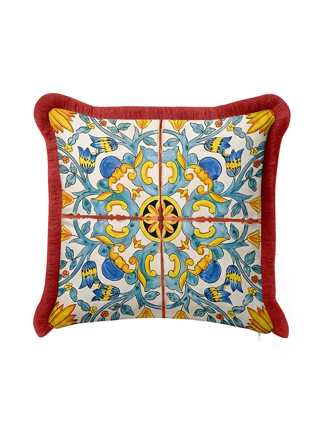 Karışık Saray Esintili Saçaklı Yastık Kılıfı - Akdeniz Country Lacivert Sarı Kırmızı Püsküllü Kırlent Kılıfı-4