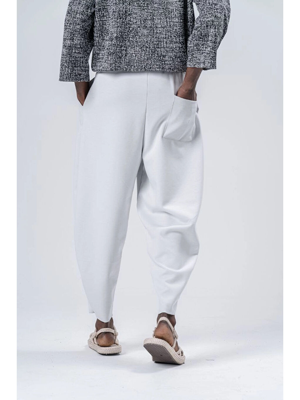 Erkek Beyaz Beli İp Bağlamalı Bol Kesim Cepli Pantolon %100 Pamuk Eşofman Altı HZL24S-MXC9019-10-4