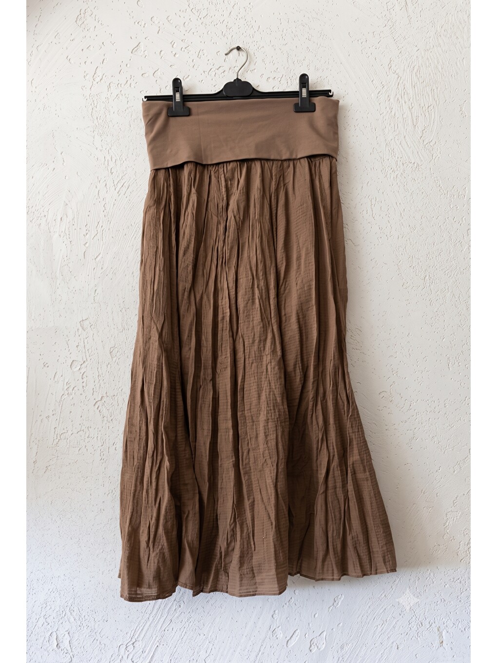 Kahverengi Camel Astarlı Katlanabilir Kumaş Bel Casual Pamuklu Uzun Dokuma Etek 95 65-1