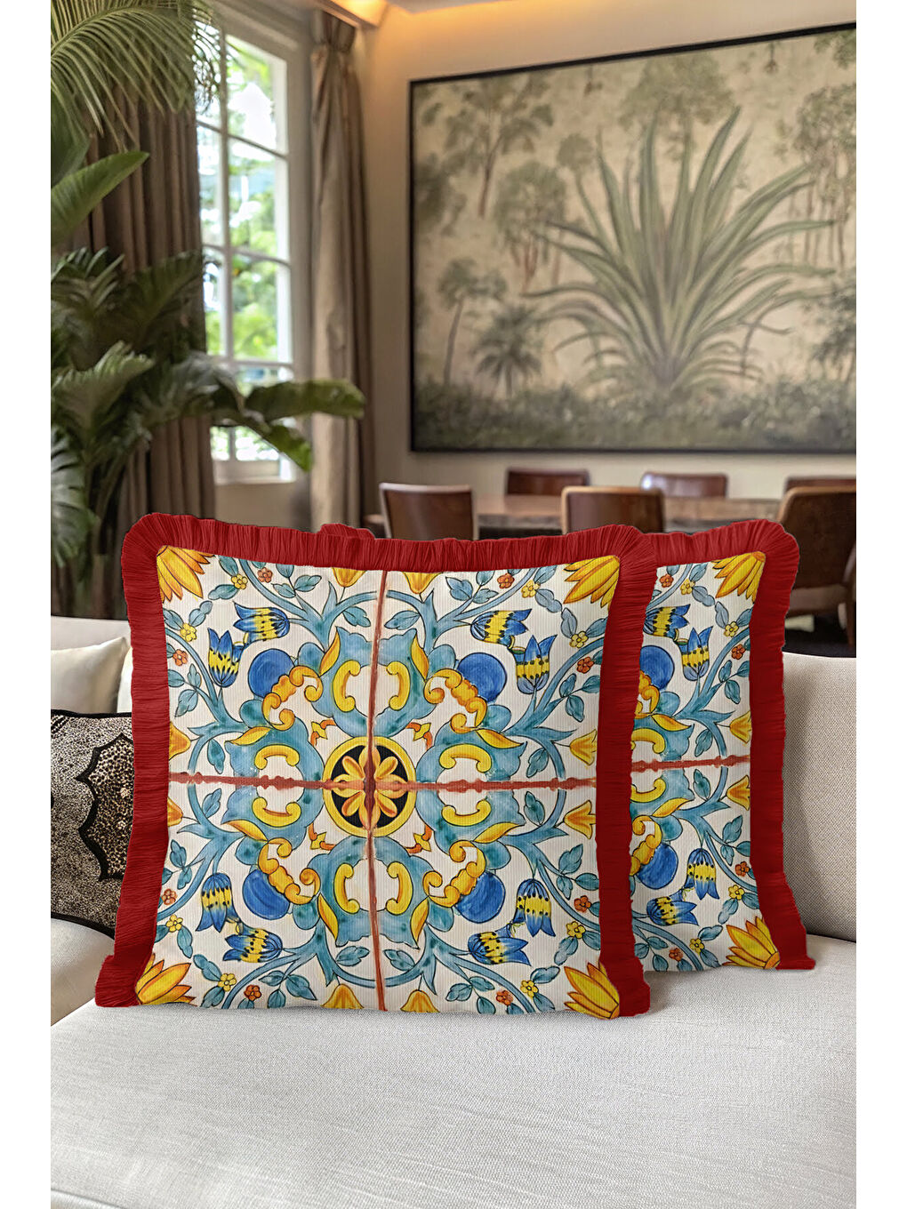 Karışık Saray Esintili Saçaklı Yastık Kılıfı - Akdeniz Country Lacivert Sarı Kırmızı Püsküllü Kırlent Kılıfı-5