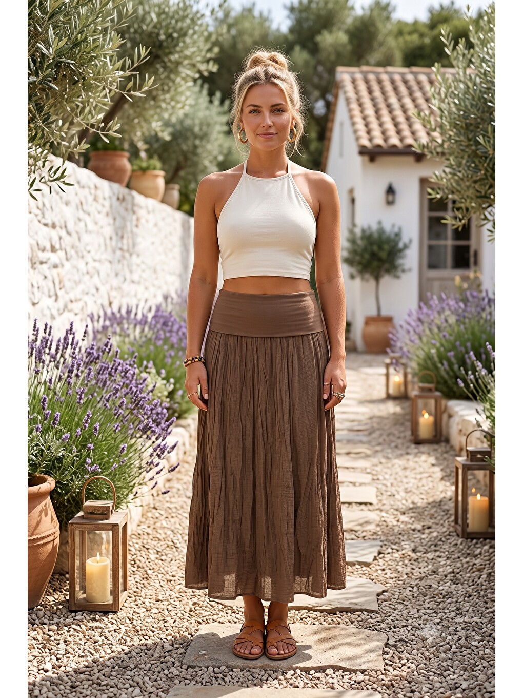 Kahverengi Camel Astarlı Katlanabilir Kumaş Bel Casual Pamuklu Uzun Dokuma Etek 95 65-2