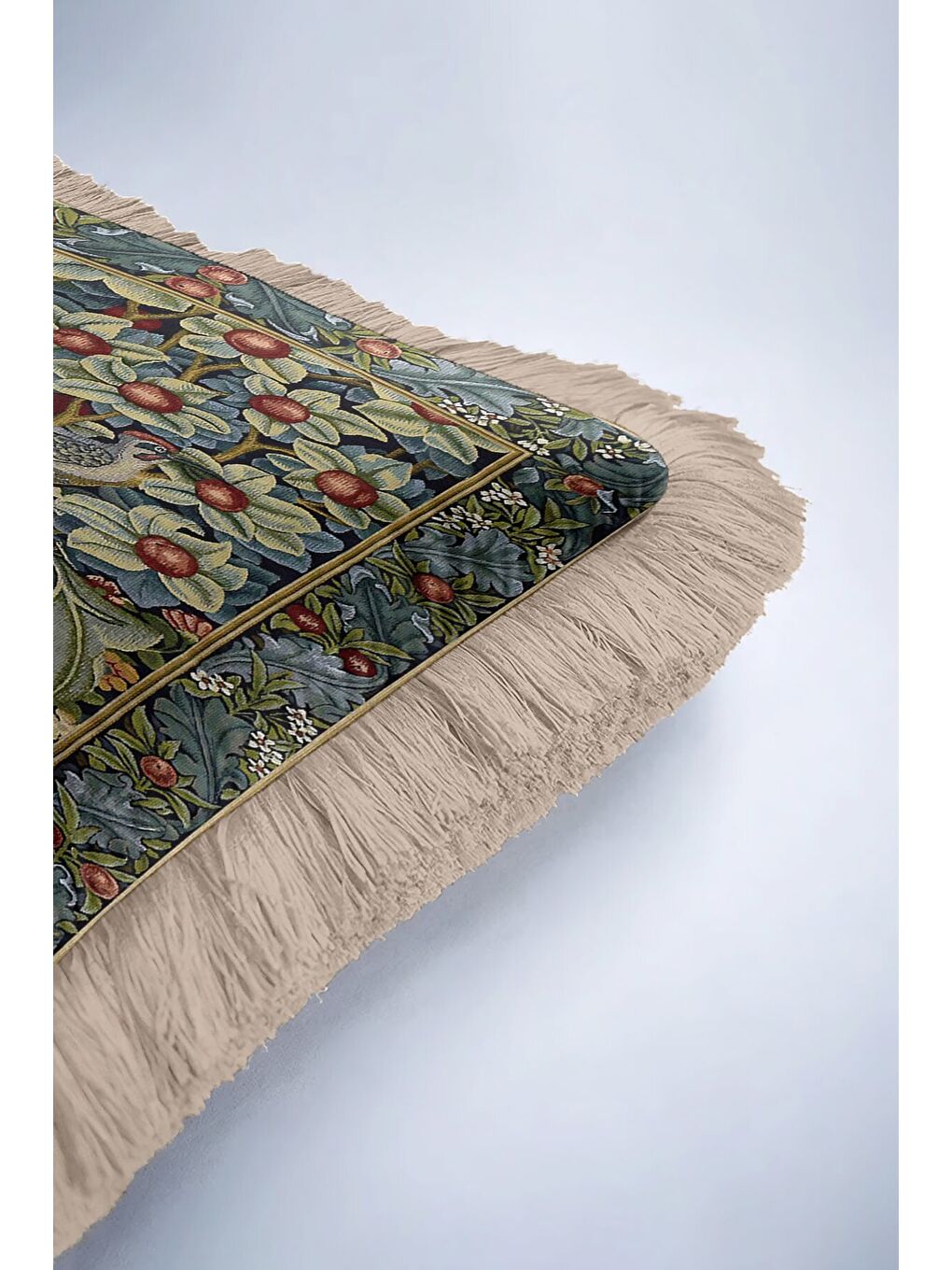 Karışık Lüks Çiçekli Saçaklı Yastık Kılıfı - Sanatsal Doğa Temalı Klasik Yeşil Gold Püsküllü Kırlent Kılıfı-6