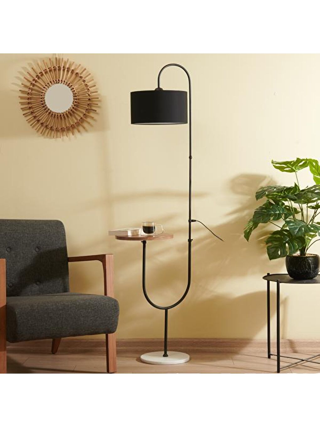 Oslo Mermer Ayaklı Sehpalı Lambader - Siyah-6