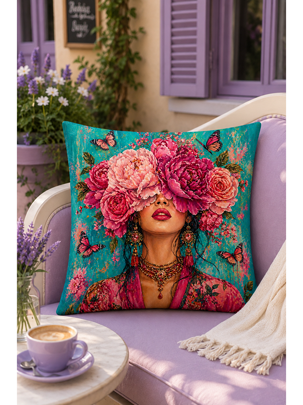 Turkuaz Çiçek Taçlı Kadın Kelebek Desenli Dekoratif Kırlent Kılıfı Bohem Ev Dekor 43x43 Cm-3