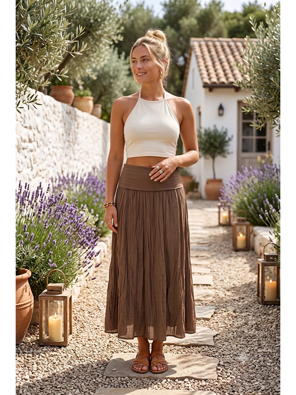 Kahverengi Camel Astarlı Katlanabilir Kumaş Bel Casual Pamuklu Uzun Dokuma Etek 95 65-3